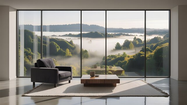 Modern living room with armchair and coffee table overlooking a misty serene landscape with rolling hills and trees