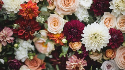 Captivating floral display showcasing roses and dahlias in a symphony of colors