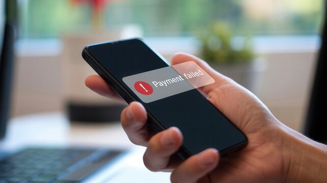 Frustrated hand holding smartphone with payment failed message, online banking issue, financial problem concept, digital money error, e-commerce crisis alert