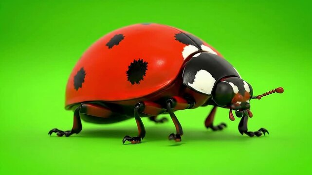 Vibrant ladybug scurries across a bright green background, capturing nature's delicate movement and beauty.