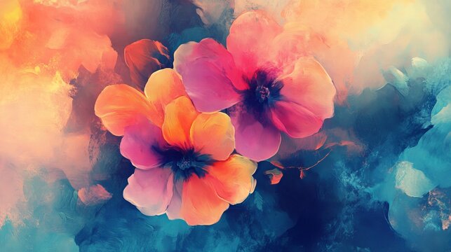 Beautiful vintage abstract flowers digital painting with vibrant colorful floral background - Powered by Adobe