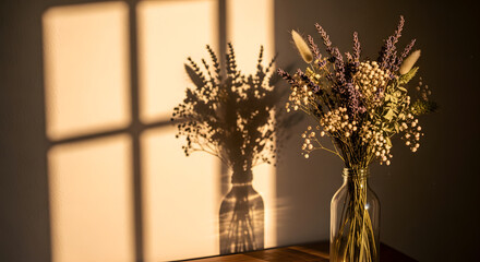 Golden hour glow illuminates delicate dried flower arrangements, casting intricate window shadows on a warm wall, evoking a sense of calm and natural beauty in a cozy home setting