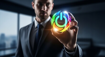 Man in suit holding glowing multicolored power button in his hand
