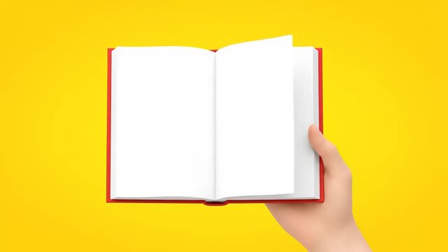 Hand holding an open blank red book on a vibrant yellow background with pages turning. Ideal for text