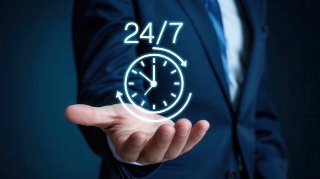 Professional businessman presents 24/7 service icon, symbolizing constant availability and reliable support for global business needs.