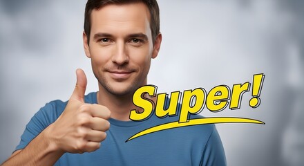 A young man with a confident expression giving a thumbs-up gesture and the word 'Super!' displayed in bold, colorful text, conveying positivity and encouragement