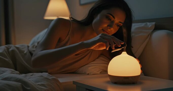 A woman in bed adds essential oil to an aroma diffuser on her nightstand, creating a relaxing atmosphere.