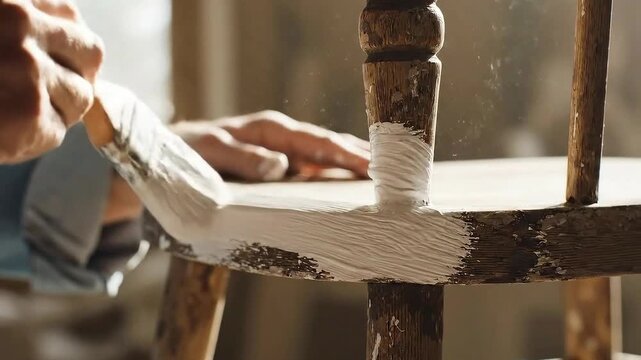 Person carefully paints an old wooden chair with white paint using a brush in a workshop restoring furniture with a fresh coat of color