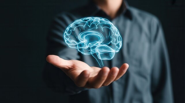Professional holding glowing futuristic human brain symbolizing innovation, intelligence, and advanced medical science