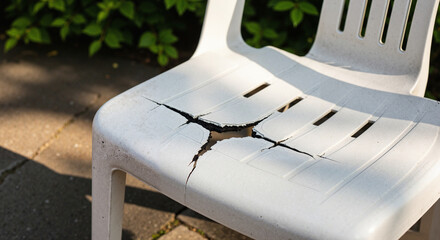 Cracked white plastic chair outdoors on patio