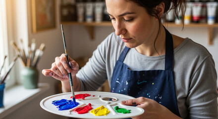 Female artist mixing paint colors on palette in art studio
