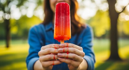 Person holding melting red-orange popsicle in sunny park