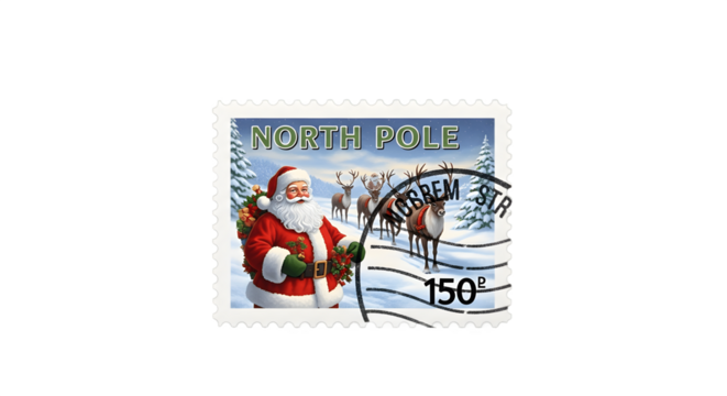 Christmas stamp featuring Santa Claus and a reindeer in a snowy scene.