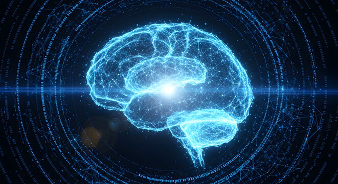 Glowing blue digital brain with swirling energy patterns representing artificial intelligence and advanced neural network technology