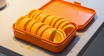Fresh orange slices arranged in open orange lunchbox