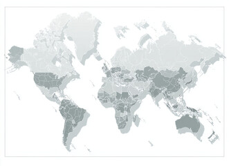 Flat gray world map illustration on white background, showcasing various countries and regions in shades of gray. This minimalist design emphasizes geographical boundaries and features
