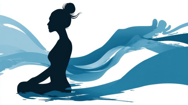 A woman sits in a meditative pose surrounded by soft blue waves. The scene evokes a sense of peace and mindfulness, blending tranquility with nature's beauty.