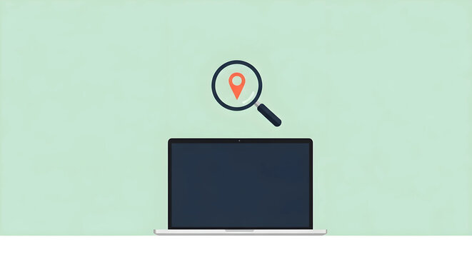 データ分析と発見: ノートパソコン上の虫眼鏡のフラットデザインイラスト