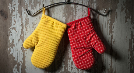 Yellow and red oven mitts hanging on hook against rustic wall