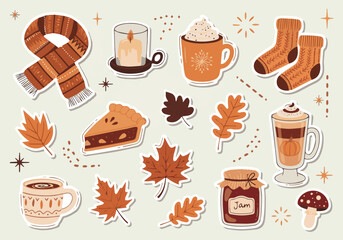 Create A Autumn hand drawn sticker set. Cozy hygge fall icons. Scarf, candle, hot chocolate, socks, pie, pumpkin spice latte, mug, jam, leaves, mushroom. Cute autumn doodle. Vector flat illustration