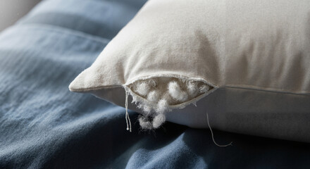 Torn seam on white pillow with stuffing exposed on bed