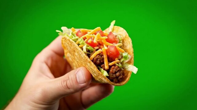 Mexican beef taco held in hand, crunchy corn tortilla with ground meat and cheese, delicious street food snack on green background