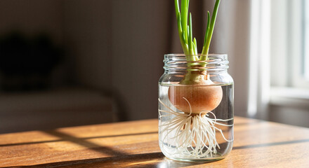 Sprouting onion bulb in glass jar with water on sunny table