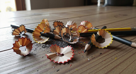 Colorful pencil shavings and sharpened pencils on wooden surface