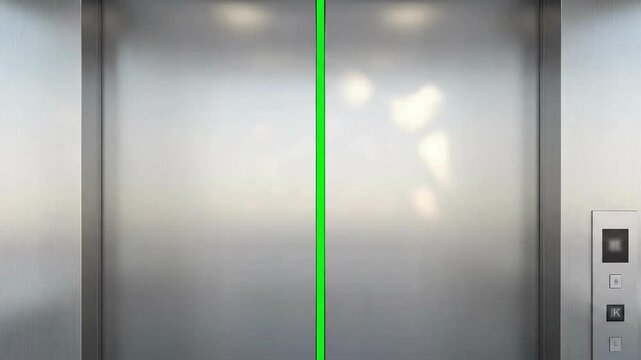 View of an elevator with open doors revealing a green screen ready for visual effects work