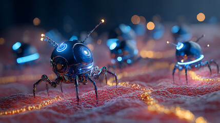 Cutting-edge nanobots navigating cellular terrain for advanced medical research, showing innovative technology and futuristic solutions for health, medicine and diagnostics