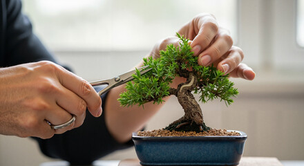 Hands trimming bonsai tree in ceramic pot by window