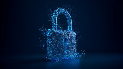 Futuristic digital padlock representing cybersecurity and data protection, glowing blue network secures information in the cloud, privacy is paramount