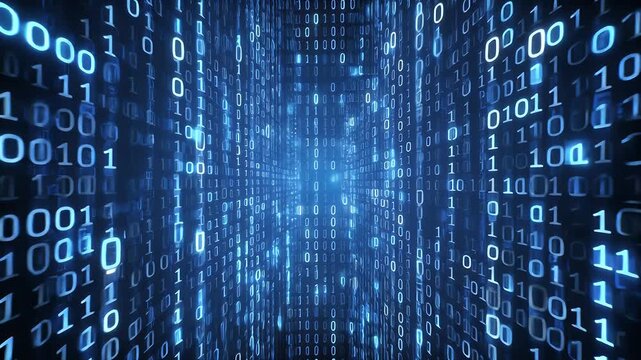 A digital perspective view into a tunnel of glowing blue binary code streams, representing data, information technology, and cyberspace.