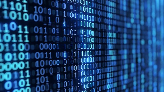 A digital screen displaying glowing blue binary code representing data and information. - Powered by Adobe