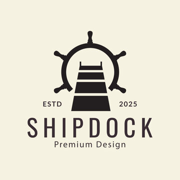dock with steering whell harbor logo design vector icon illustration