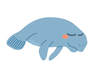 Cartoon vector illustration of a manatee character isolated on white background. Clip art for ocean wildlife designs, conservation education, and children’s animation projects