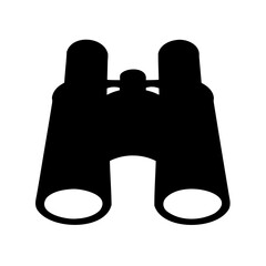 A simple black silhouette graphic of binoculars against a white background