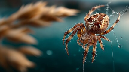 Arachne spider on its web with blurred green grassland background, top down macro photography with natural lighting and high detail.