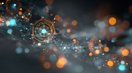 Futuristic network node for AI technology, sparkling data streams illustrate a modern digital age, perfect for tech startups and innovative design projects