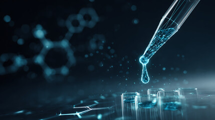 Cutting-edge science visualization shows a pipette dropping a liquid into test tubes, ideal for pharmaceutical research, lab innovation, and modern medicine