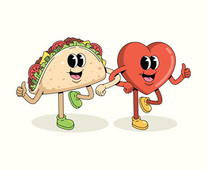 love and taco character groovy cartoon illustration