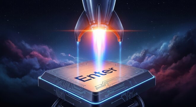 Blast off into the future with a rocket launching from a futuristic 'Enter' button against a starry, cloudy sky - Powered by Adobe