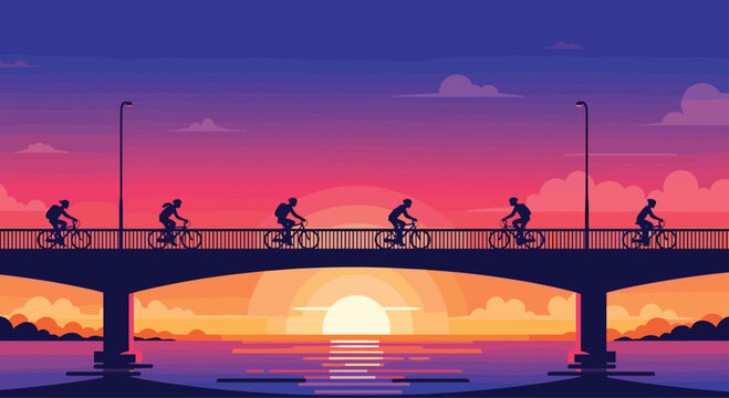 Silhouetted cyclists ride across a bridge against a vibrant sunset sky, perfect for a fitness or travel themed project - Powered by Adobe