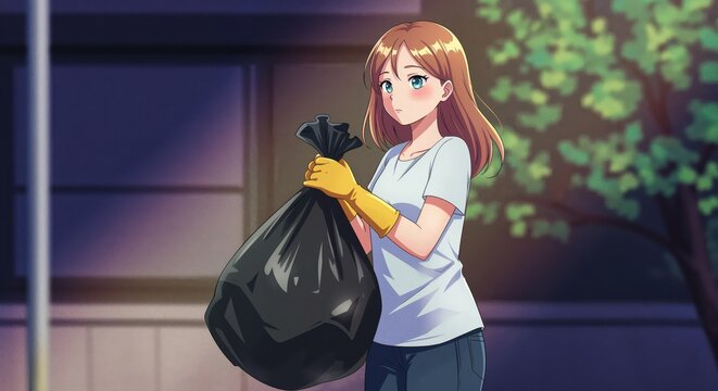Responsible Cleanliness: A person diligently carries a black trash bag, symbolizing environmental consciousness and community upkeep, embodying the act of waste disposal and cleanliness.