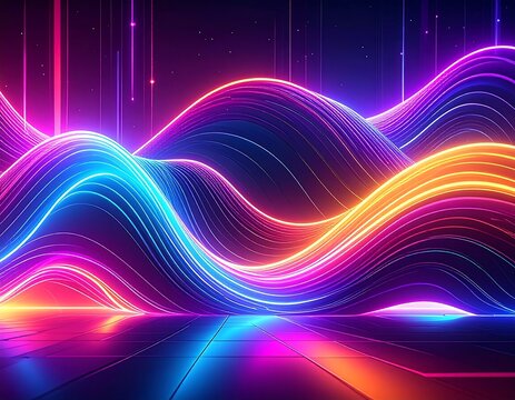 A vibrant digital illustration showcases neon wave-like lines with a reflective floor and vertical light beams in a cosmic scene