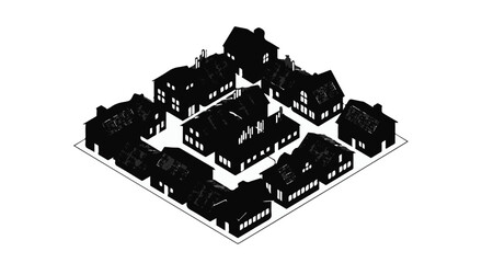 Abstract aerial view of a dark, silhouetted neighborhood with houses arranged in a square pattern, evoking urban planning and community.