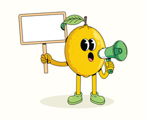 lemon megaphone character groovy cartoon illustration
