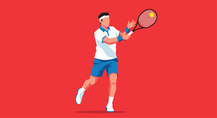 Dynamic tennis player hitting ball with racket on red background for sports, fitness, and healthy lifestyle campaigns