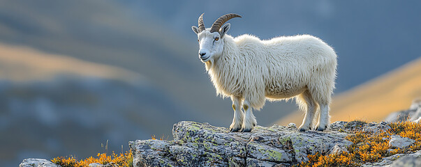Mountain goat standing on rocky peak in natural light