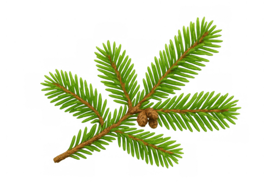 Evergreen fir tree branch with pinecones on a transparent background, symbolizing winter holidays and christmas